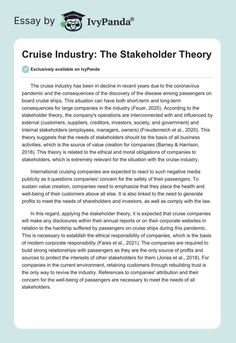 Cruise Industry: The Stakeholder Theory. Page 1