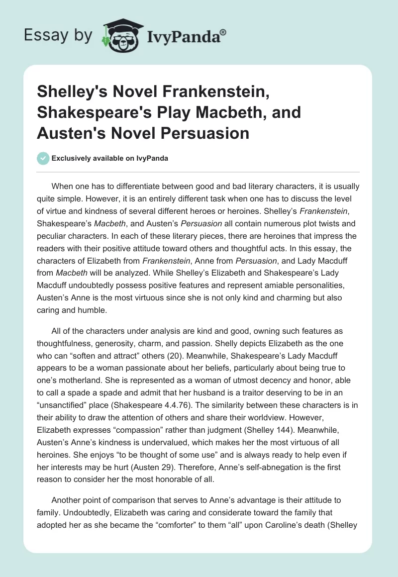 Shelley's Novel "Frankenstein," Shakespeare's Play "Macbeth," and Austen's Novel "Persuasion". Page 1