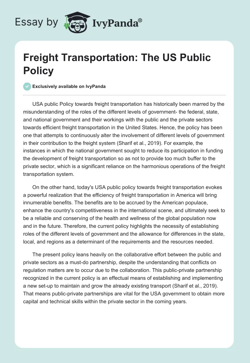 Freight Transportation: The US Public Policy. Page 1