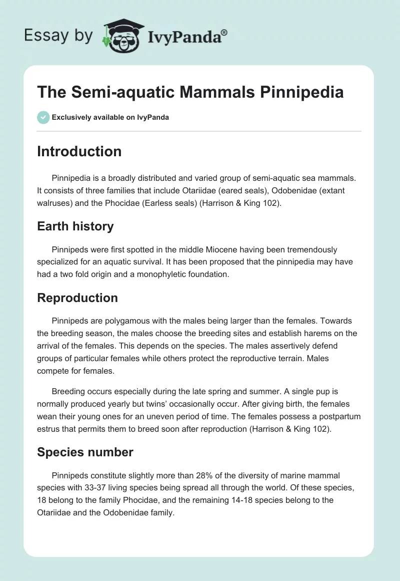 The Semi-aquatic Mammals Pinnipedia. Page 1