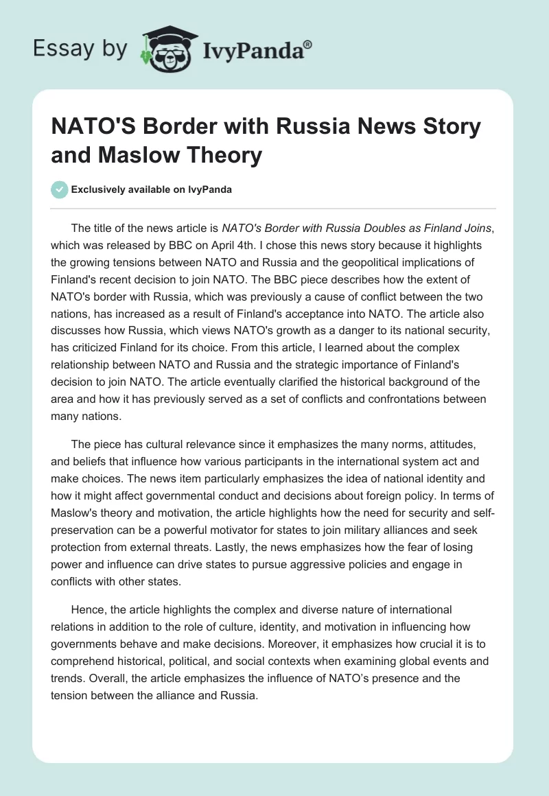 NATO'S Border with Russia News Story and Maslow Theory. Page 1