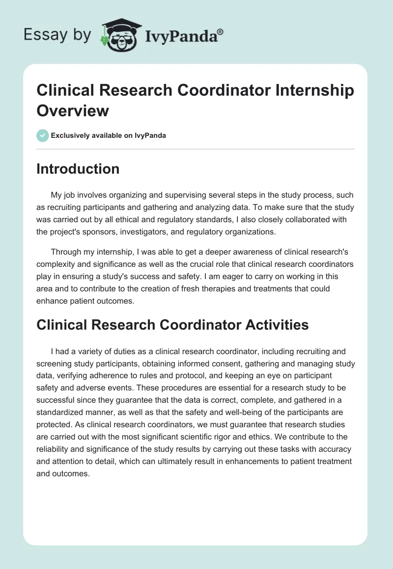 Clinical Research Coordinator Internship Overview. Page 1