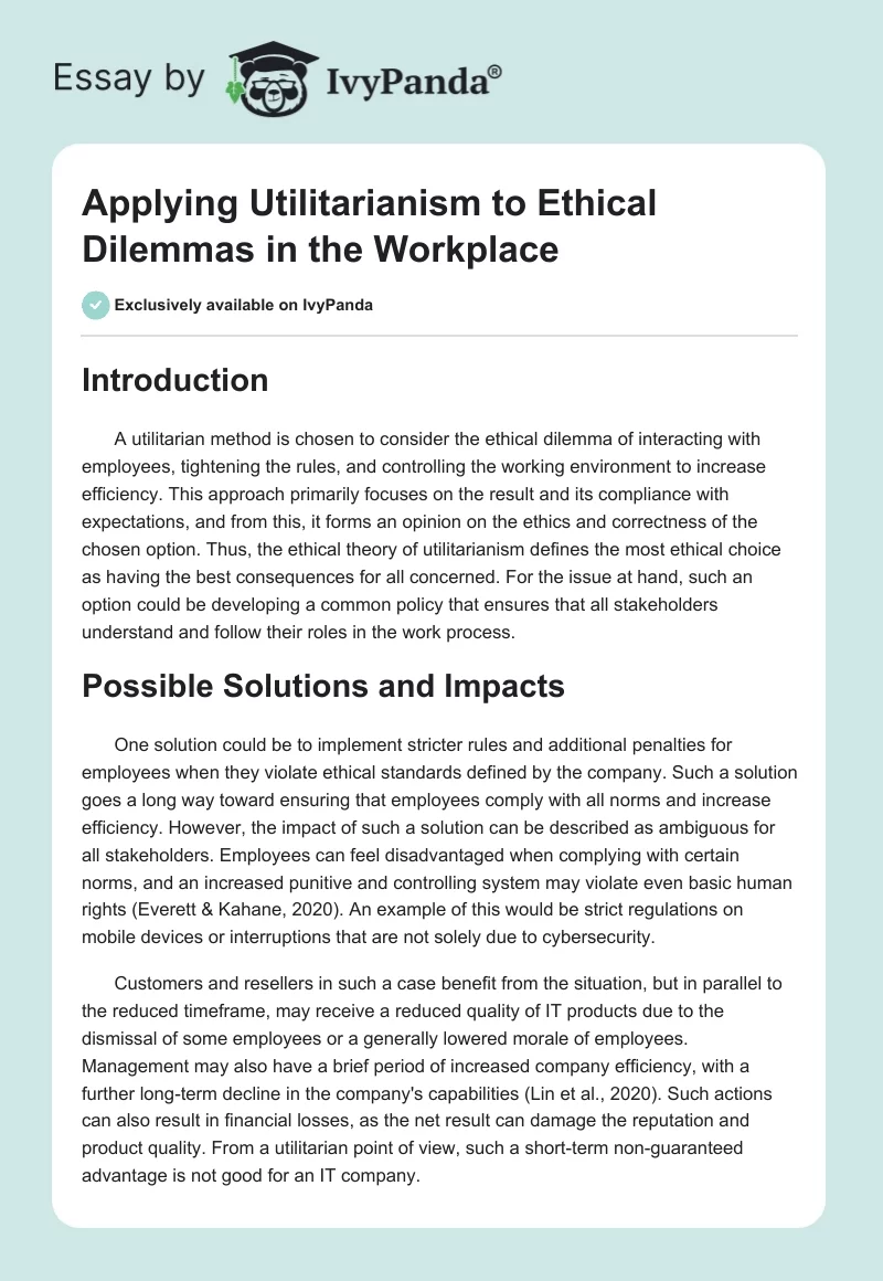 Applying Utilitarianism to Ethical Dilemmas in the Workplace. Page 1