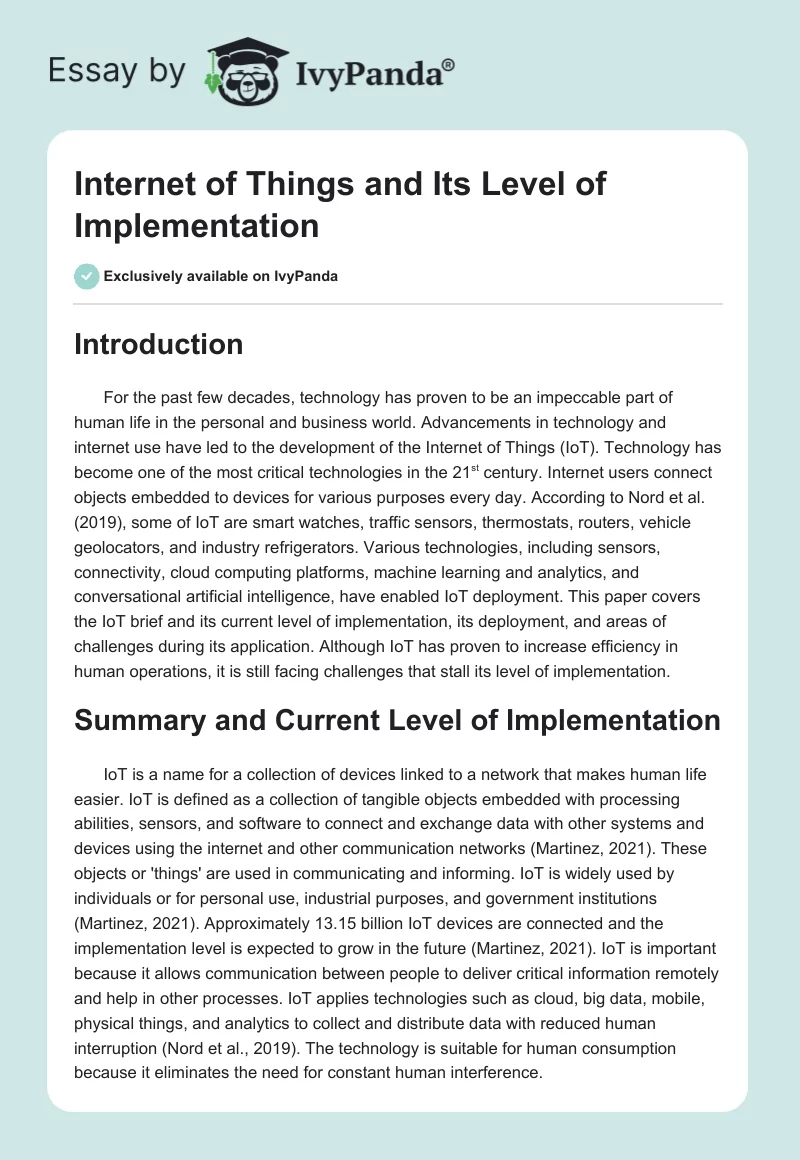 Internet of Things and Its Level of Implementation. Page 1