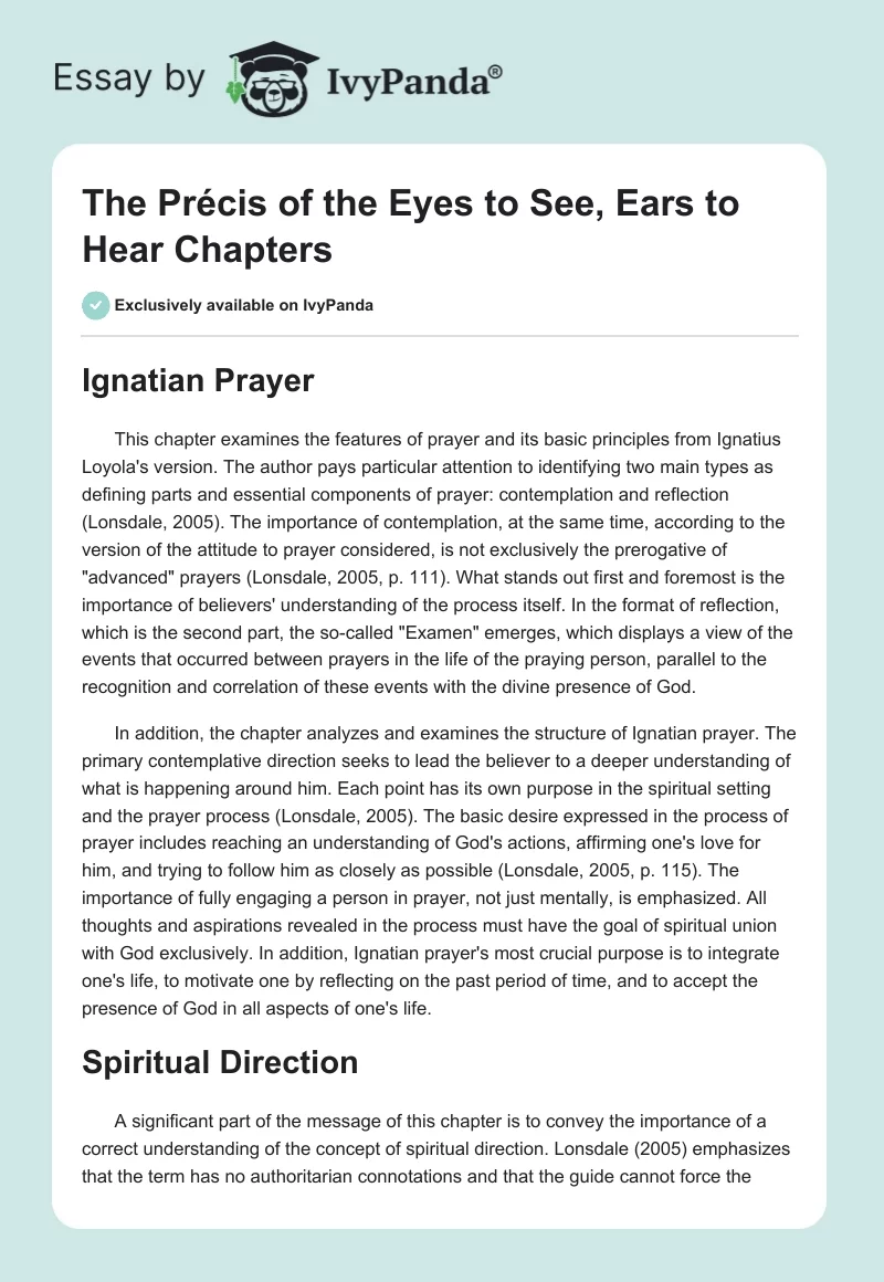The Précis of the Eyes to See, Ears to Hear Chapters. Page 1