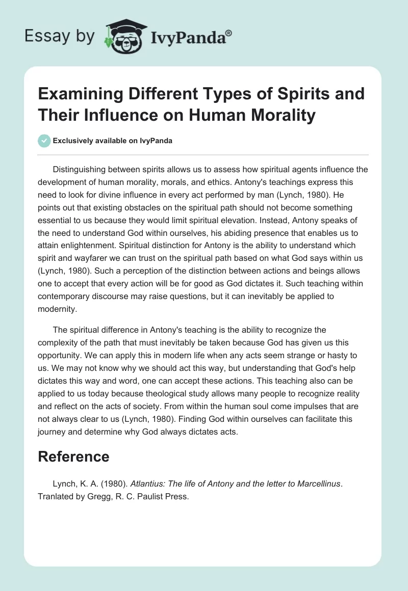 Examining Different Types of Spirits and Their Influence on Human Morality. Page 1