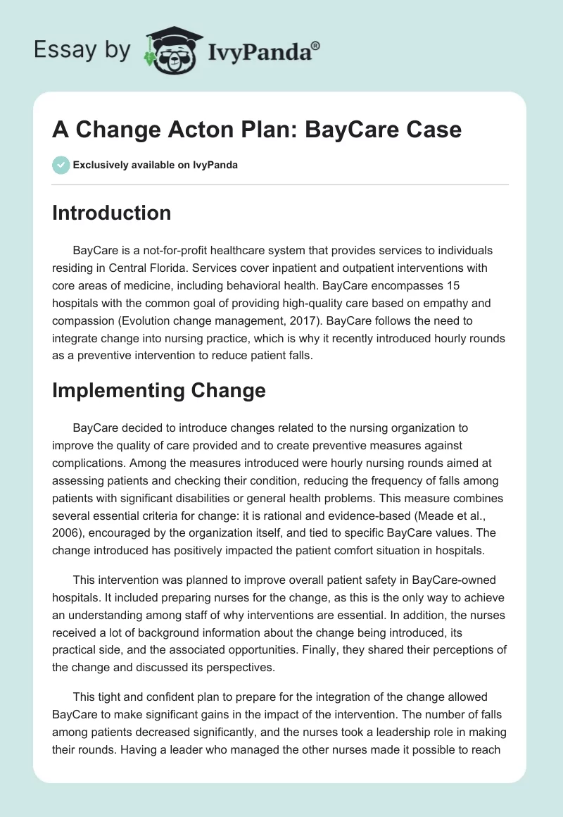 A Change Acton Plan: BayCare Case. Page 1