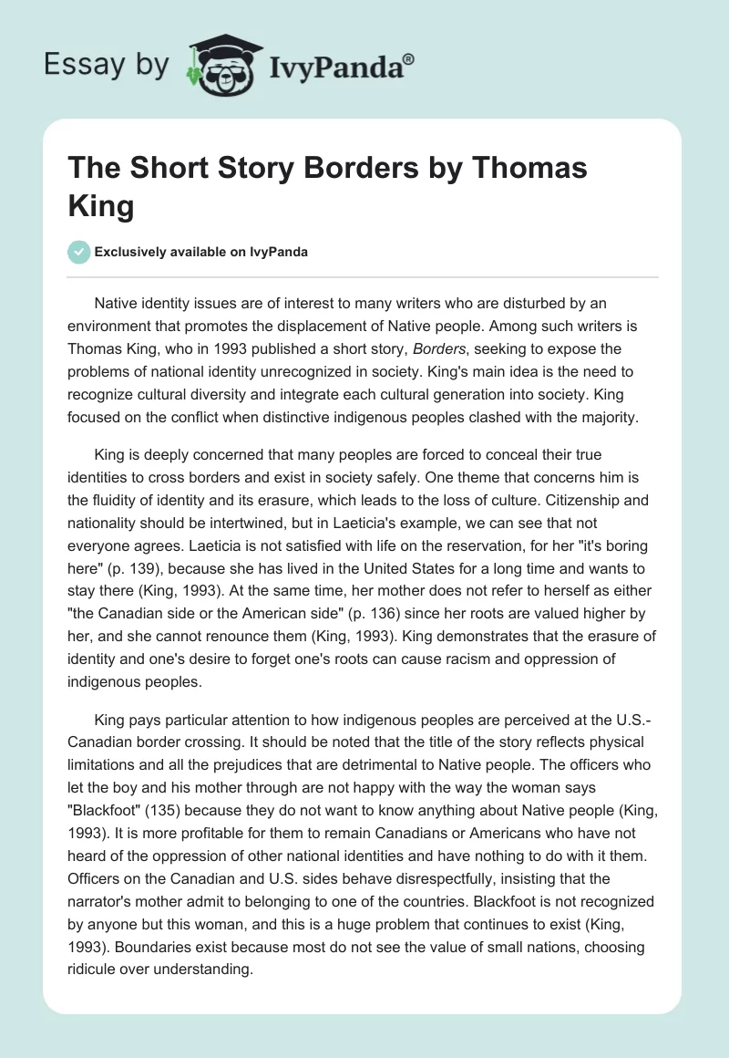 The Short Story "Borders" by Thomas King. Page 1