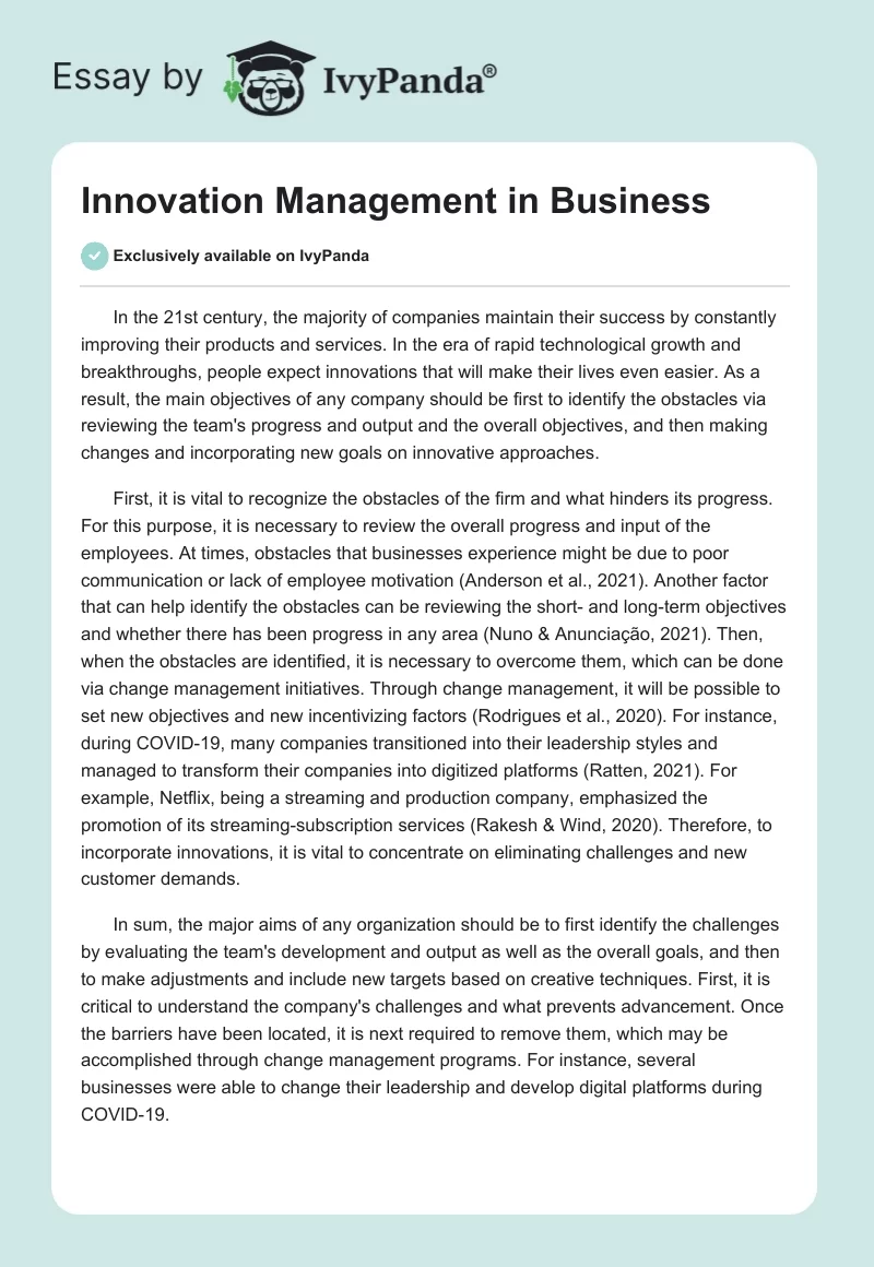 Innovation Management in Business. Page 1