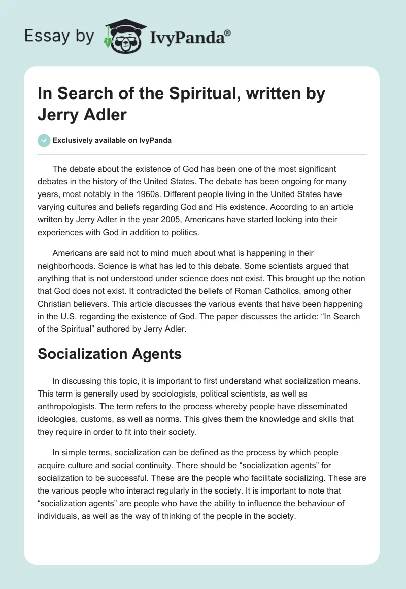 "In Search of the Spiritual", written by Jerry Adler. Page 1