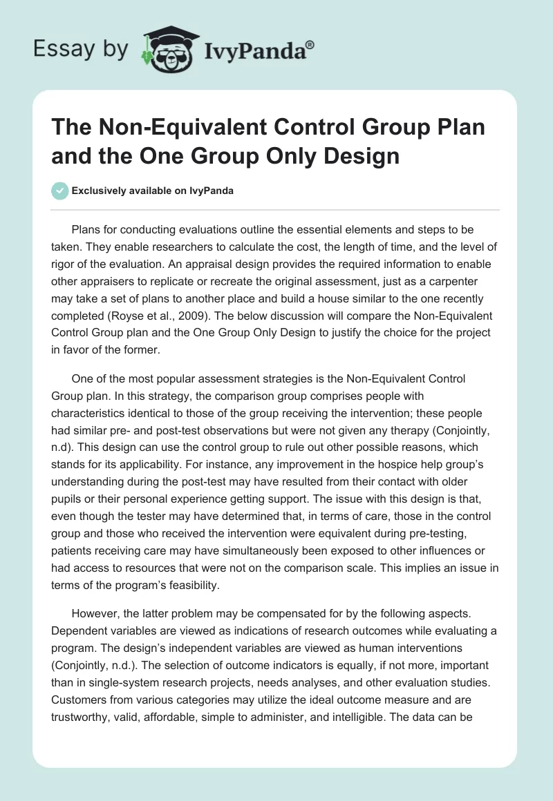 The Non-Equivalent Control Group Plan and the One Group Only Design. Page 1