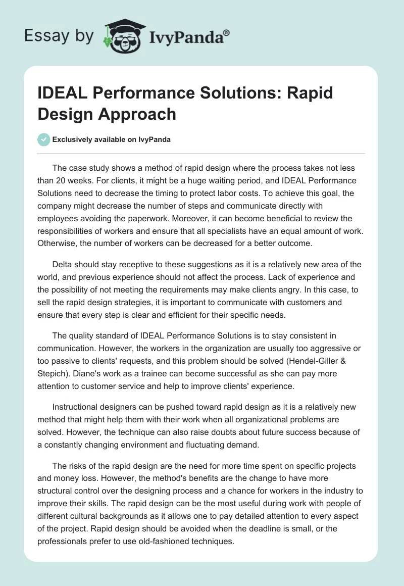 IDEAL Performance Solutions: Rapid Design Approach. Page 1