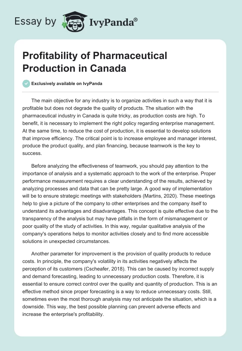 Profitability of Pharmaceutical Production in Canada. Page 1