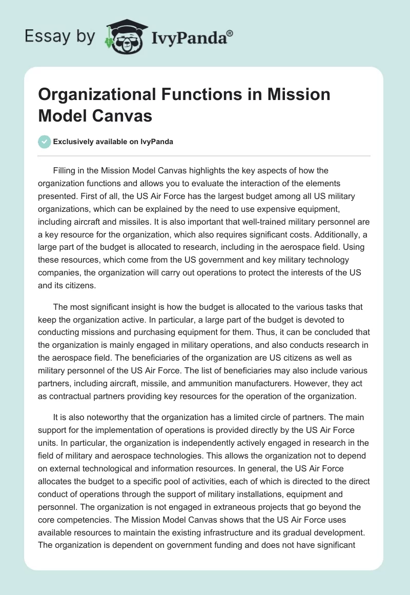 Organizational Functions in Mission Model Canvas. Page 1