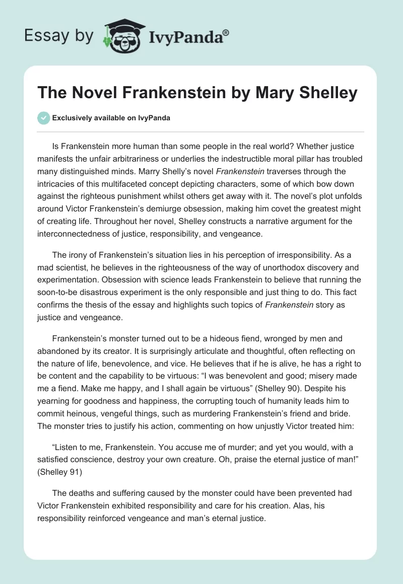 The Novel "Frankenstein" by Mary Shelley. Page 1