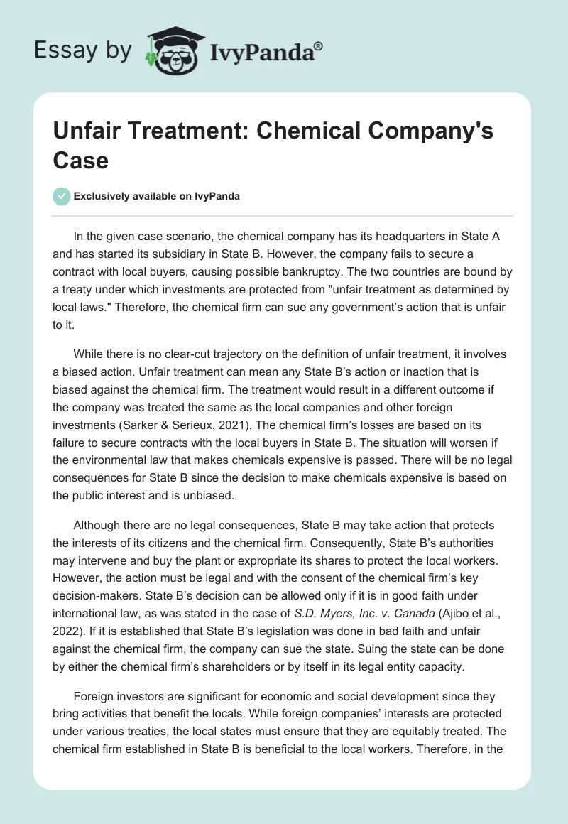 Unfair Treatment: Chemical Company's Case. Page 1