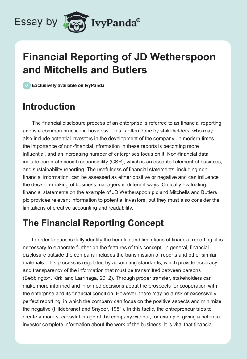 Financial Reporting of JD Wetherspoon and Mitchells and Butlers. Page 1