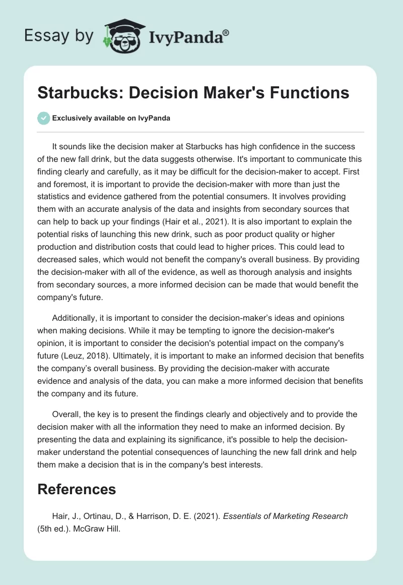 Starbucks: Decision Maker's Functions. Page 1