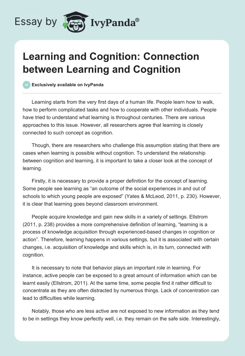Learning and Cognition: Connection between Learning and Cognition. Page 1