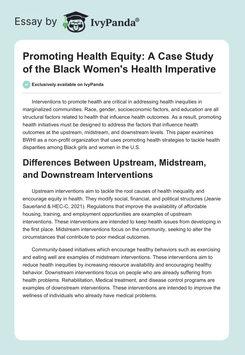Promoting Health Equity: A Case Study of the Black Women's Health Imperative. Page 1