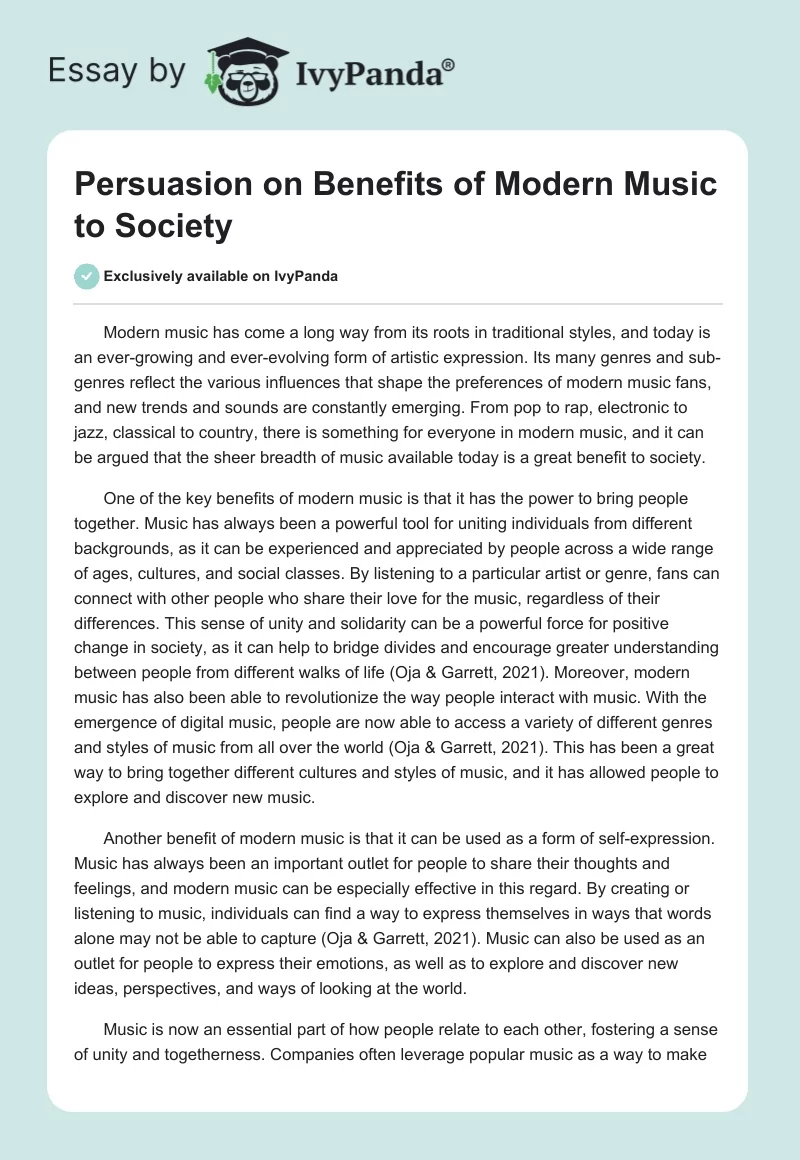 Persuasion on Benefits of Modern Music to Society. Page 1