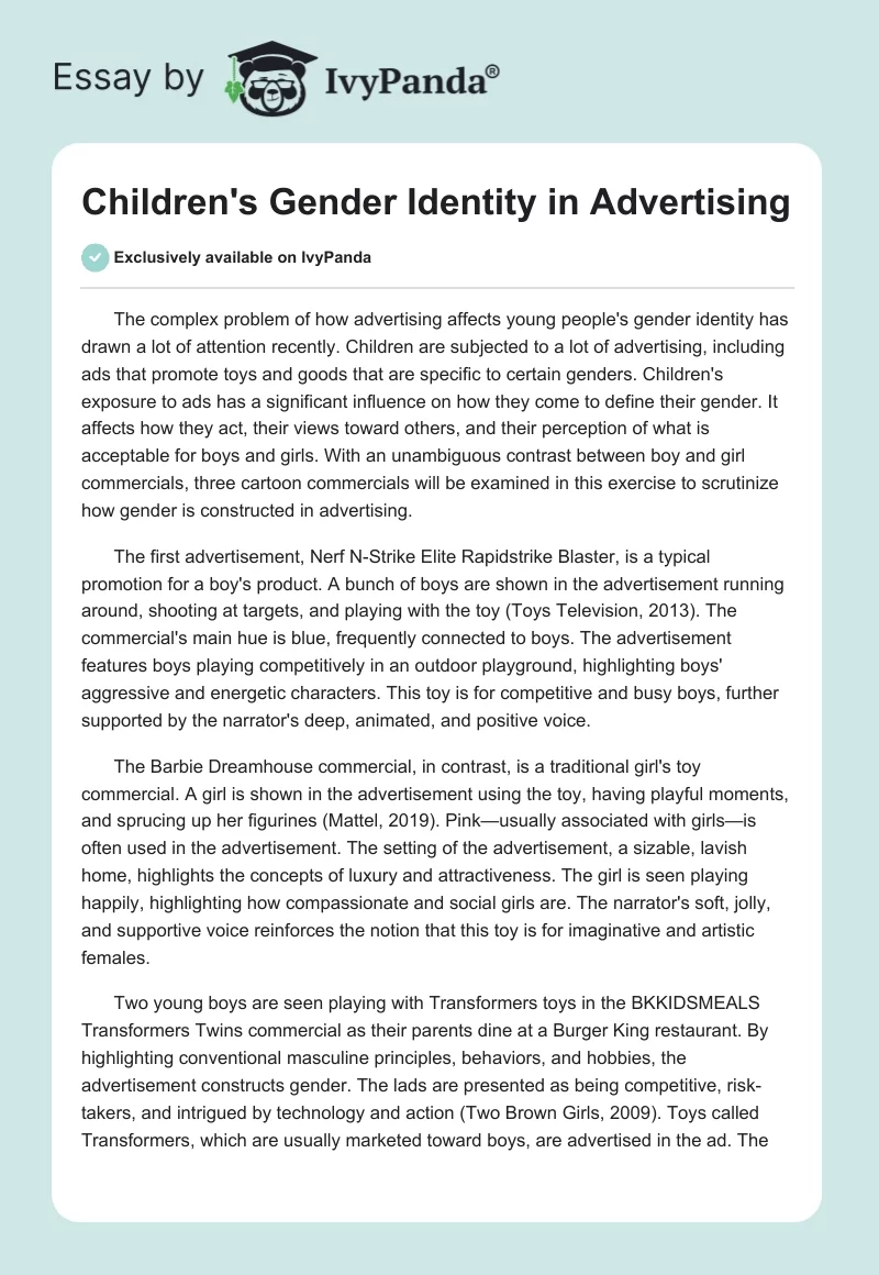 Children's Gender Identity in Advertising. Page 1