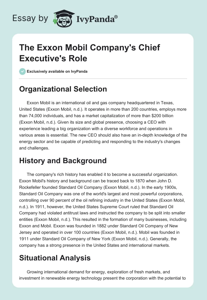The Exxon Mobil Company's Chief Executive's Role. Page 1