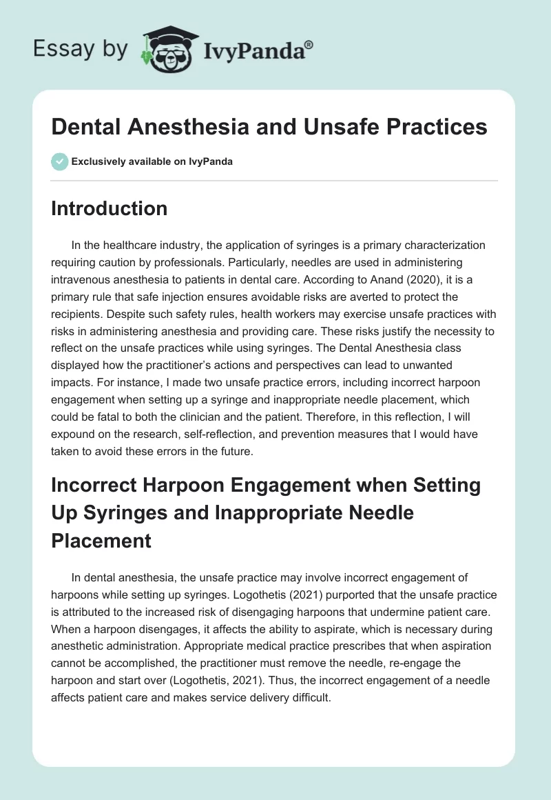 Dental Anesthesia and Unsafe Practices. Page 1
