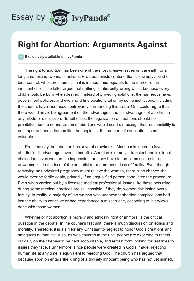 Right for Abortion: Arguments Against. Page 1