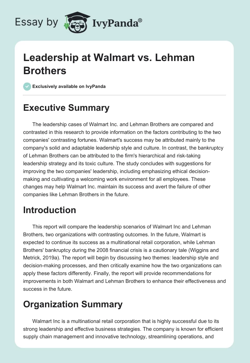 Leadership at Walmart vs. Lehman Brothers. Page 1