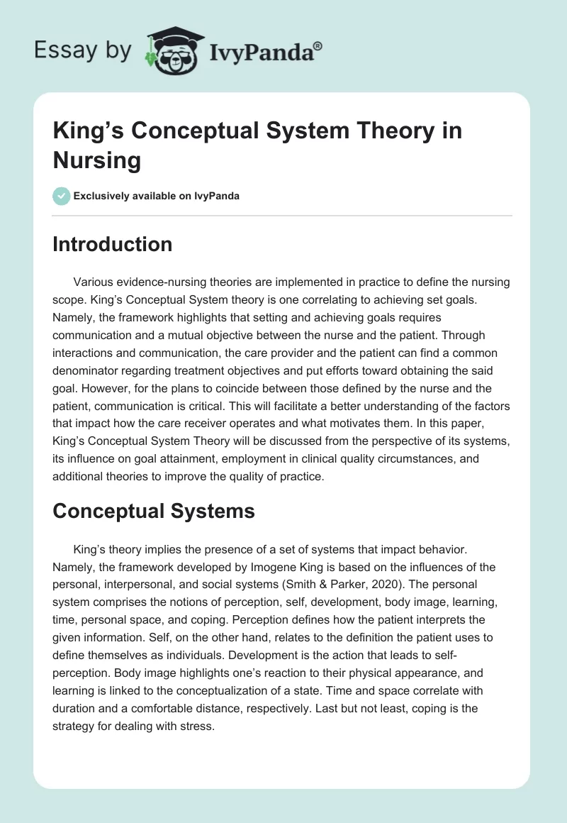 King’s Conceptual System Theory in Nursing. Page 1