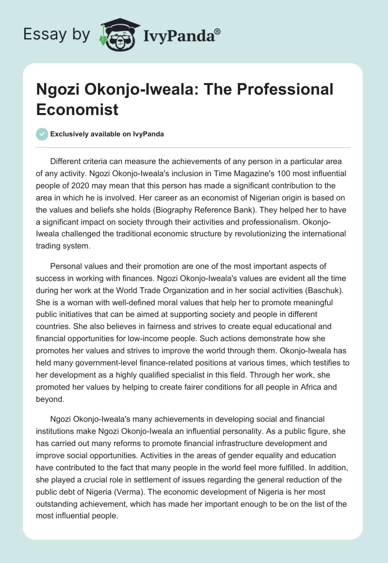 Ngozi Okonjo-Iweala: The Professional Economist. Page 1