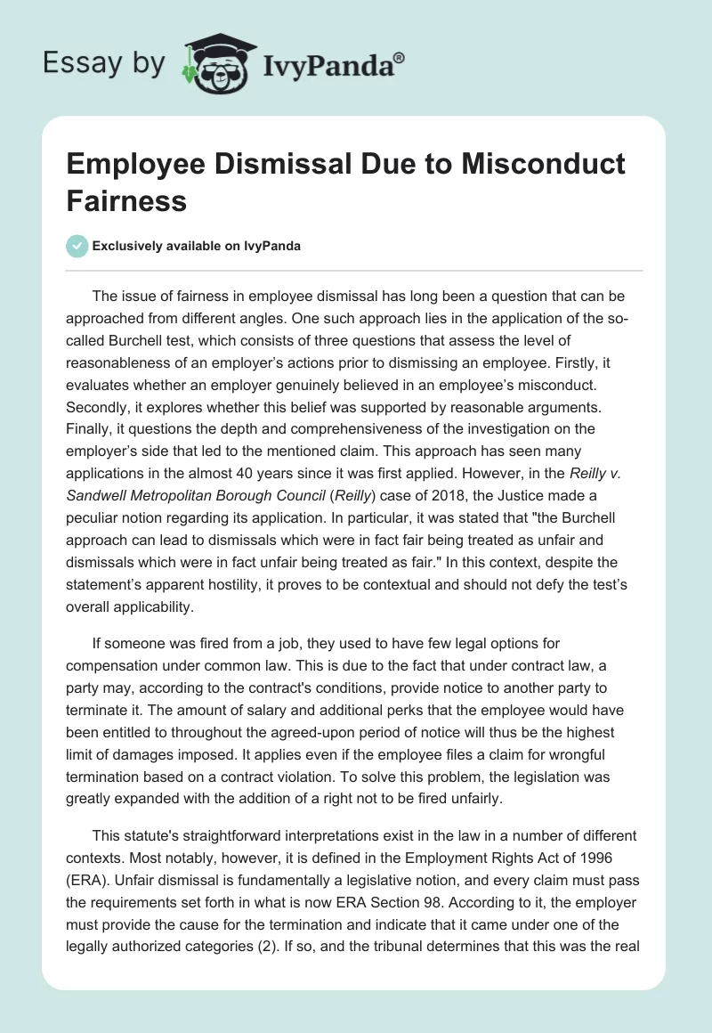 Employee Dismissal Due to Misconduct Fairness. Page 1