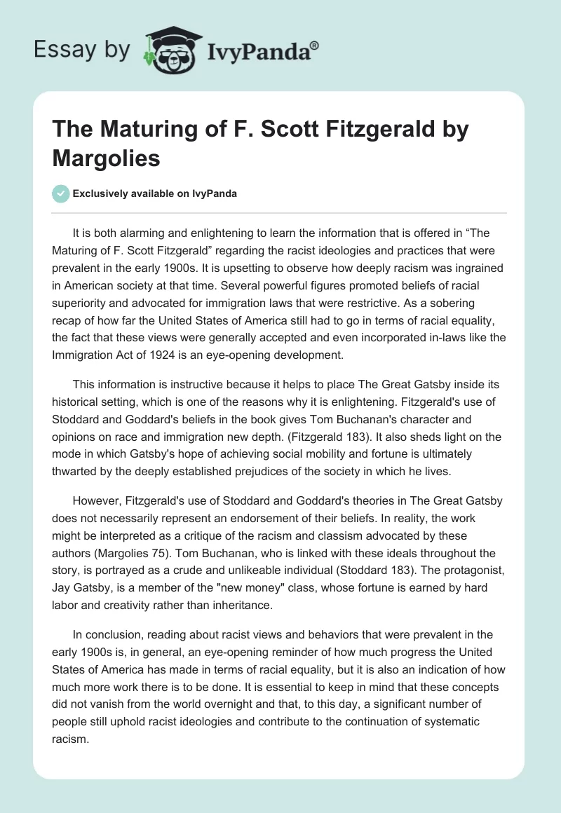 The Maturing of F. Scott Fitzgerald by Margolies. Page 1