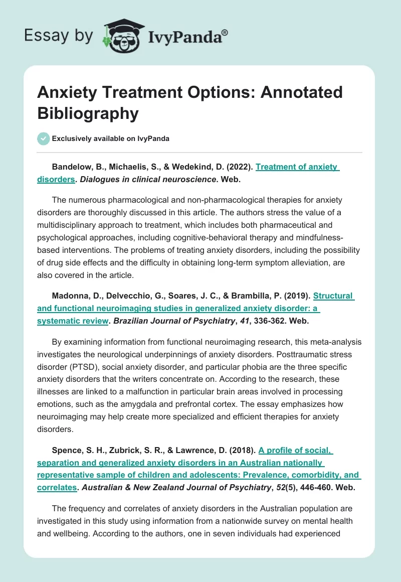 Anxiety Treatment Options: Annotated Bibliography. Page 1