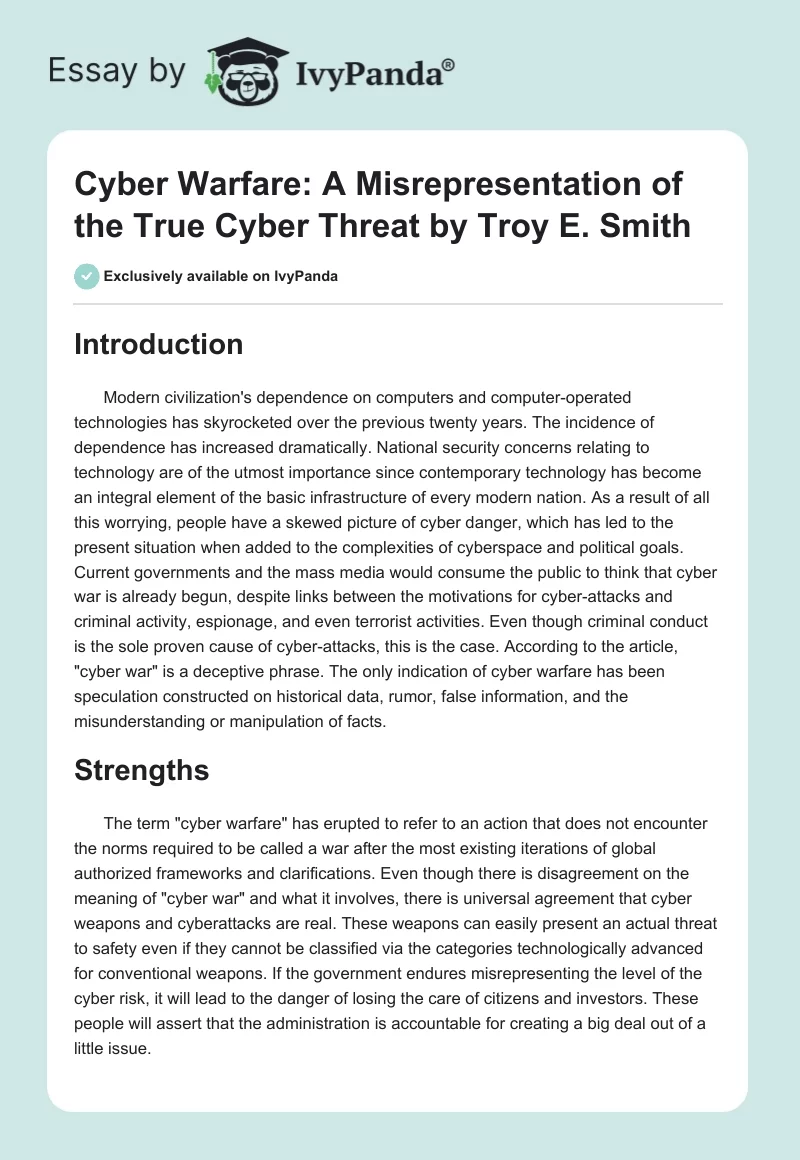 "Cyber Warfare: A Misrepresentation of the True Cyber Threat" by Troy E. Smith. Page 1