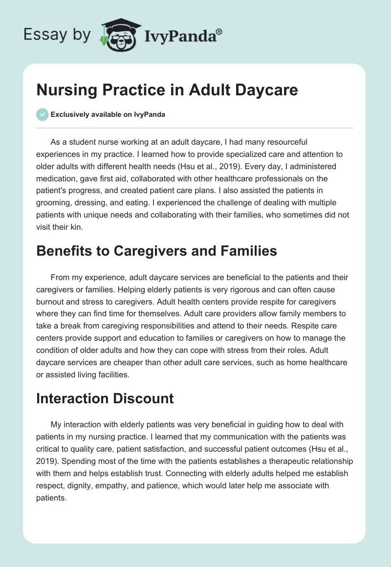 Nursing Practice in Adult Daycare. Page 1