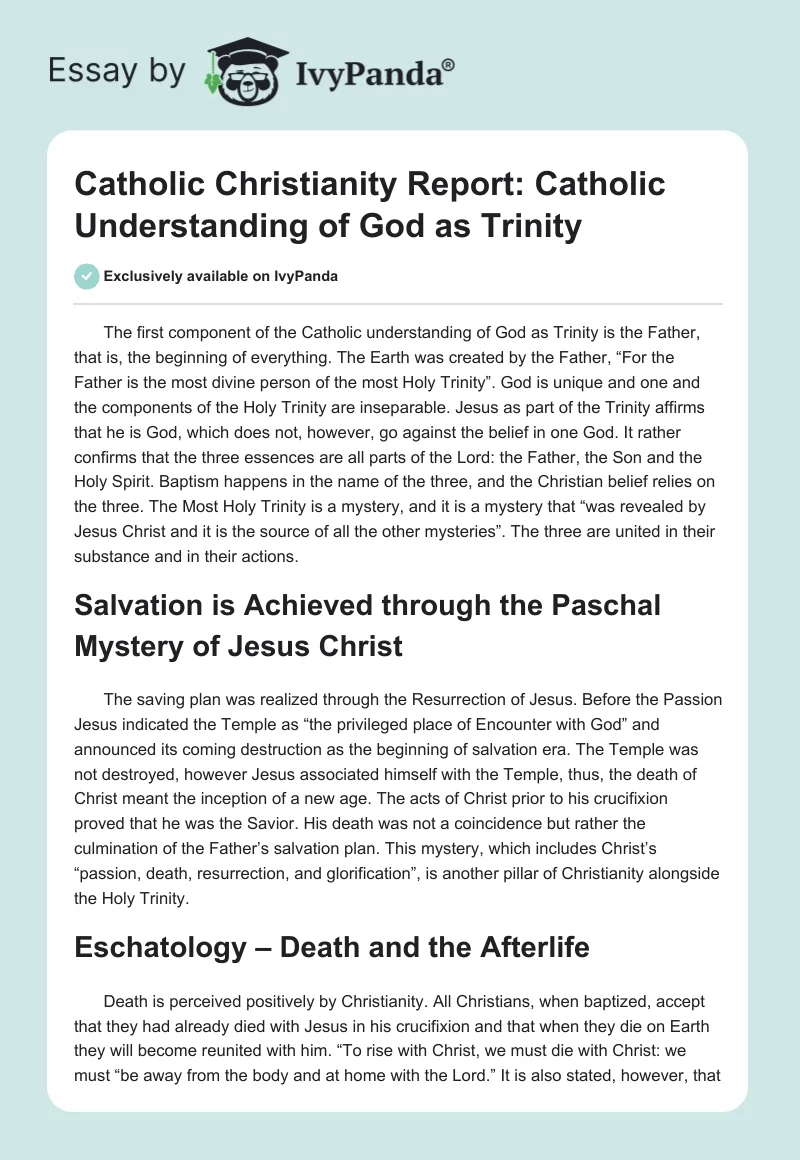 Catholic Christianity Report: Catholic Understanding of God as Trinity. Page 1