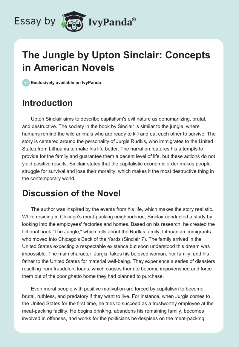 "The Jungle" by Upton Sinclair: Concepts in American Novels. Page 1