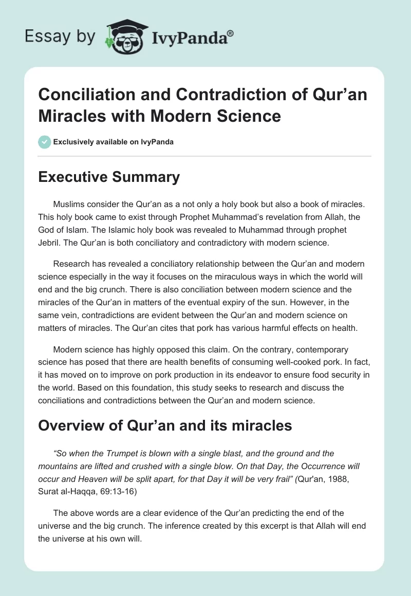 Conciliation and Contradiction of Qur’an Miracles with Modern Science. Page 1