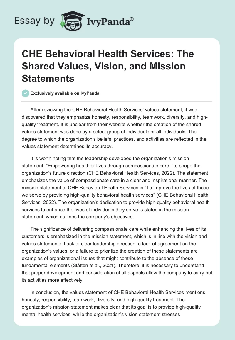 CHE Behavioral Health Services: The Shared Values, Vision, and Mission Statements. Page 1