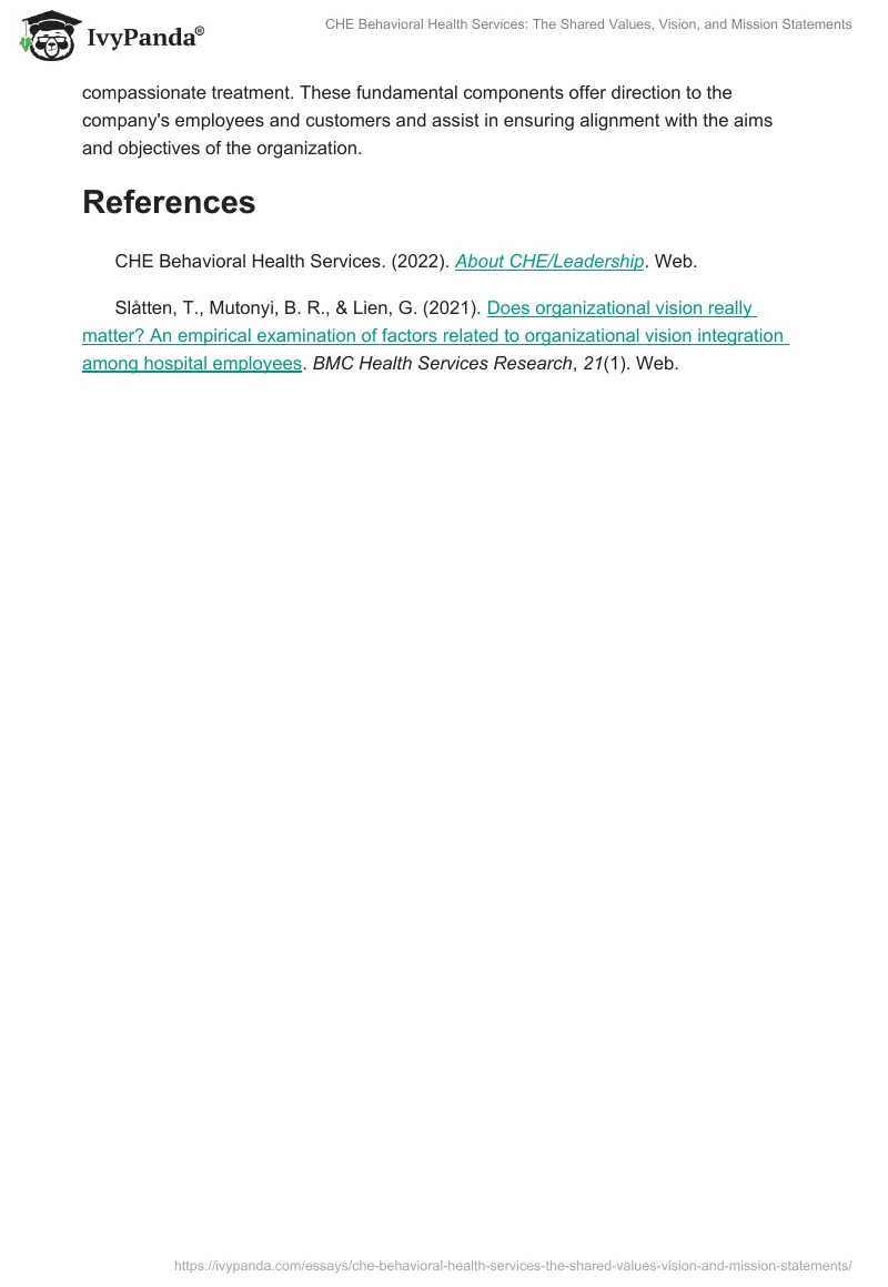 CHE Behavioral Health Services: The Shared Values, Vision, and Mission Statements. Page 2