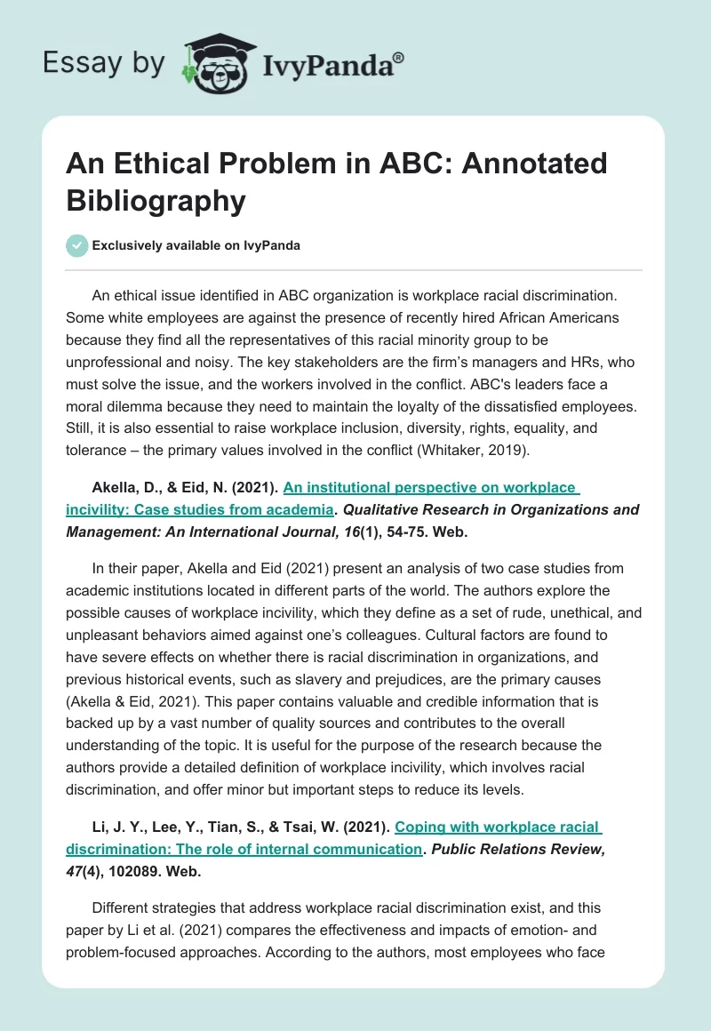 An Ethical Problem in ABC: Annotated Bibliography. Page 1