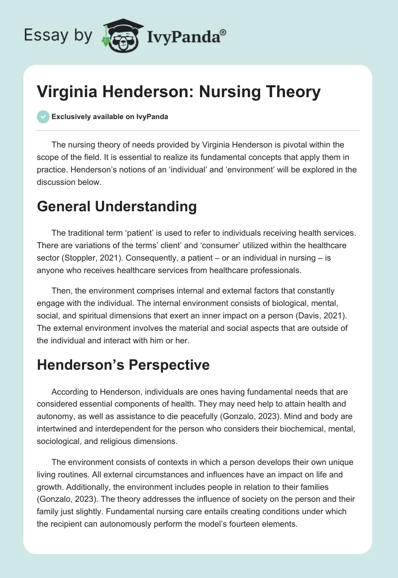 Virginia Henderson: Nursing Theory. Page 1