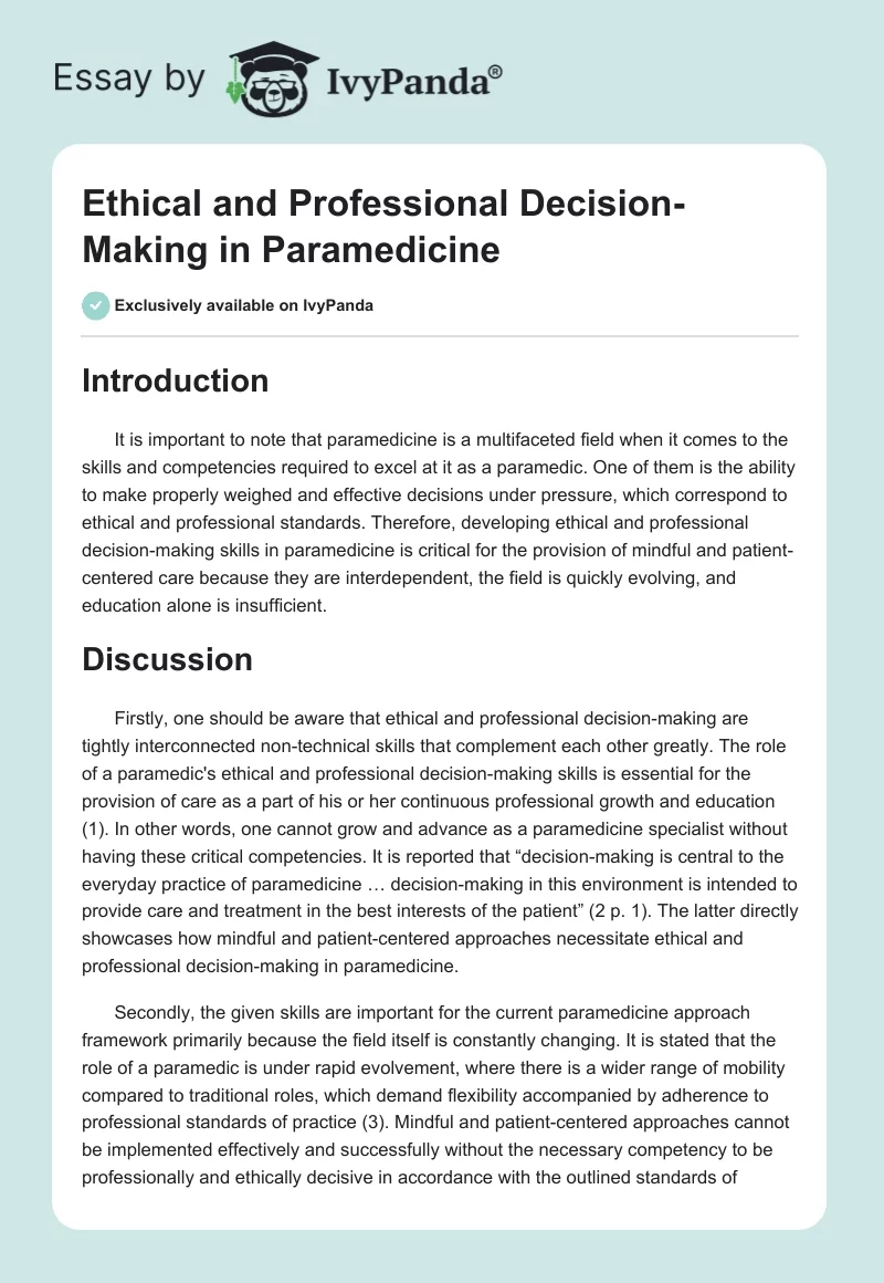 Ethical and Professional Decision-Making in Paramedicine. Page 1