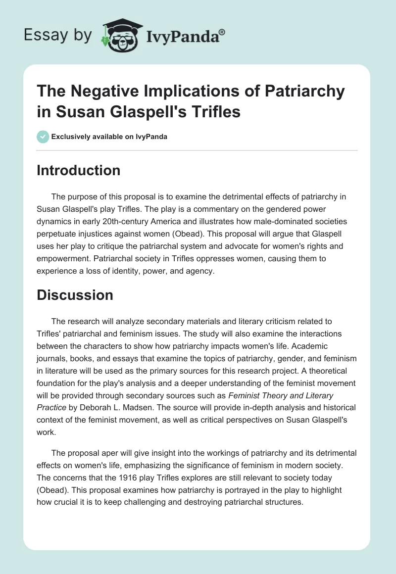 The Negative Implications of Patriarchy in Susan Glaspell's "Trifles". Page 1