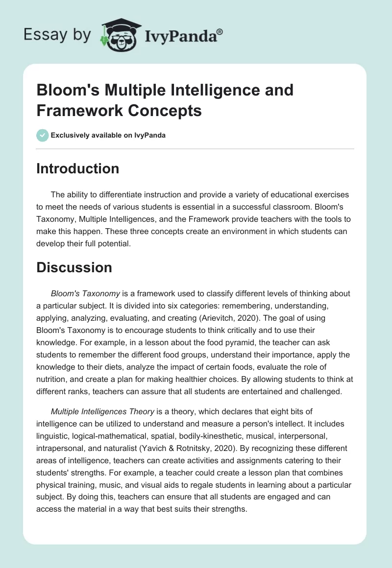 Bloom's Multiple Intelligence and Framework Concepts. Page 1