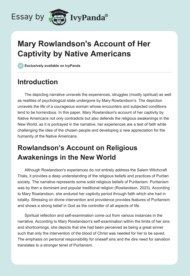 Mary Rowlandson's Account of Her Captivity by Native Americans. Page 1