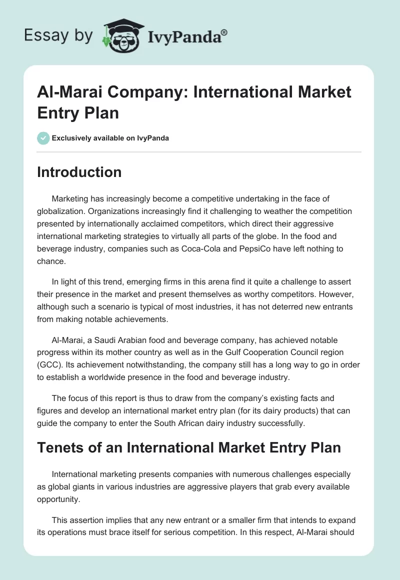 Al-Marai Company: International Market Entry Plan. Page 1