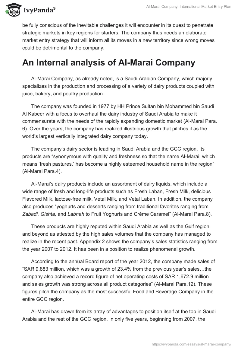Al-Marai Company: International Market Entry Plan. Page 2